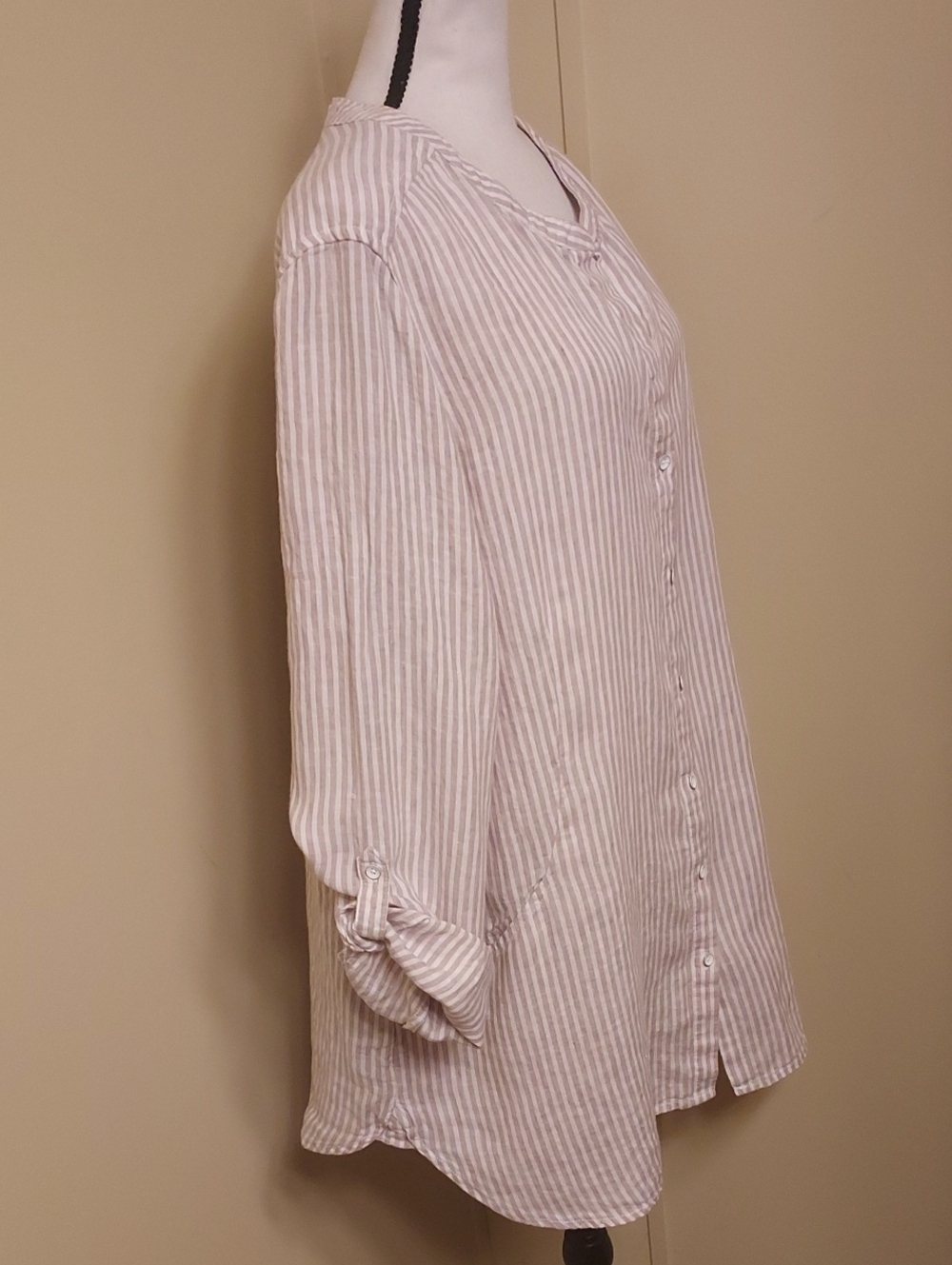 Sigrid Olsen Linen Button-Down Tunic Shirt in Light Tan and White Stripes - Picture 7 of 9